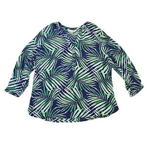 Old Navy Tunic Top Women XL Green Navy Tropical Palm Leaf Blouse Lightweight